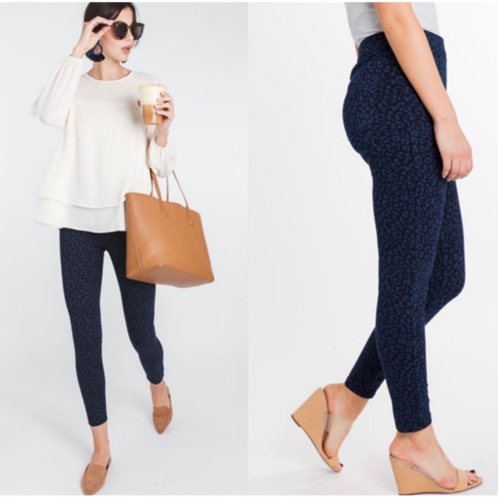 SPANX Blue‎ Leopard Print High Rise Shaping Jean-ish Ankle Leggings Size Medium